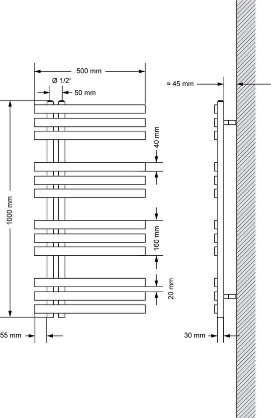 Technische tekening van een antraciet designradiator met afmetingen.