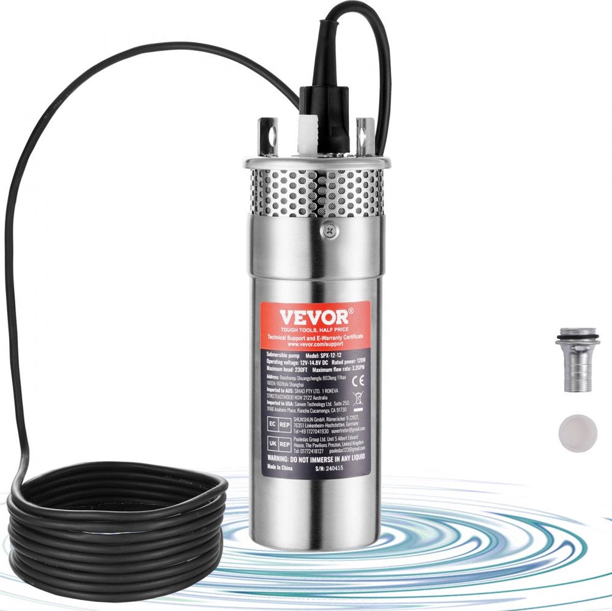 Vevor - Waterpomp - Zonne-waterpomp - Diepwaterpomp - Dompelbaar - 12V DC - 120W - 3.2GPM - voor waterput - Boerderij Ranch Irrigatie - Zilver