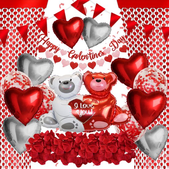 Q2Party - Valentijn - Set - Rozenblaadjes - Confetti - Helium - Ballon - Rood - Romantisch - Pakket - Decoratie - Hartjes - Slinger - Hangdecoratie