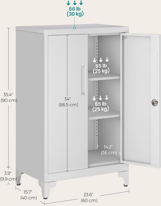 Afmetingen van een witte metalen archiefkast met één open deur. Belasting per plank 25 kg.