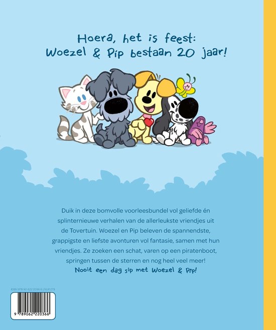 Een kat en vier honden vieren feest ter ere van het 20-jarig jubileum van Woezel & Pip.