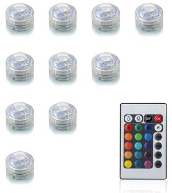 Tien waterdichte LED-lampjes met afstandsbediening voor sfeerverlichting.