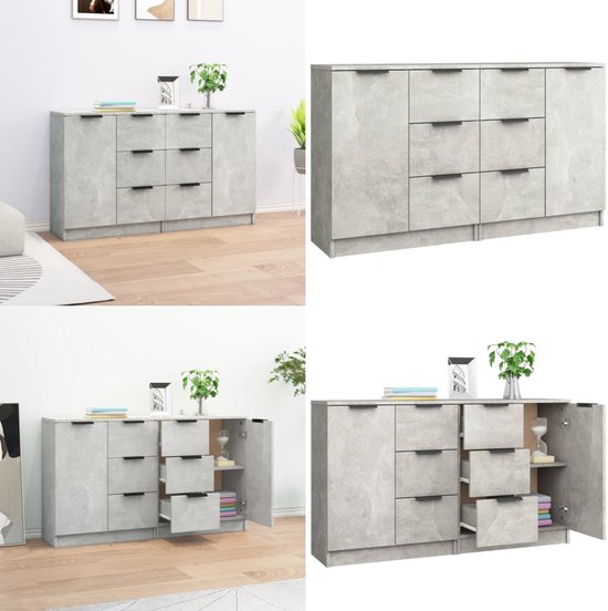 VidaXL Dressoir 102x33x75 Cm - Betongrijs Bewerkt Hout Met 3 Deuren