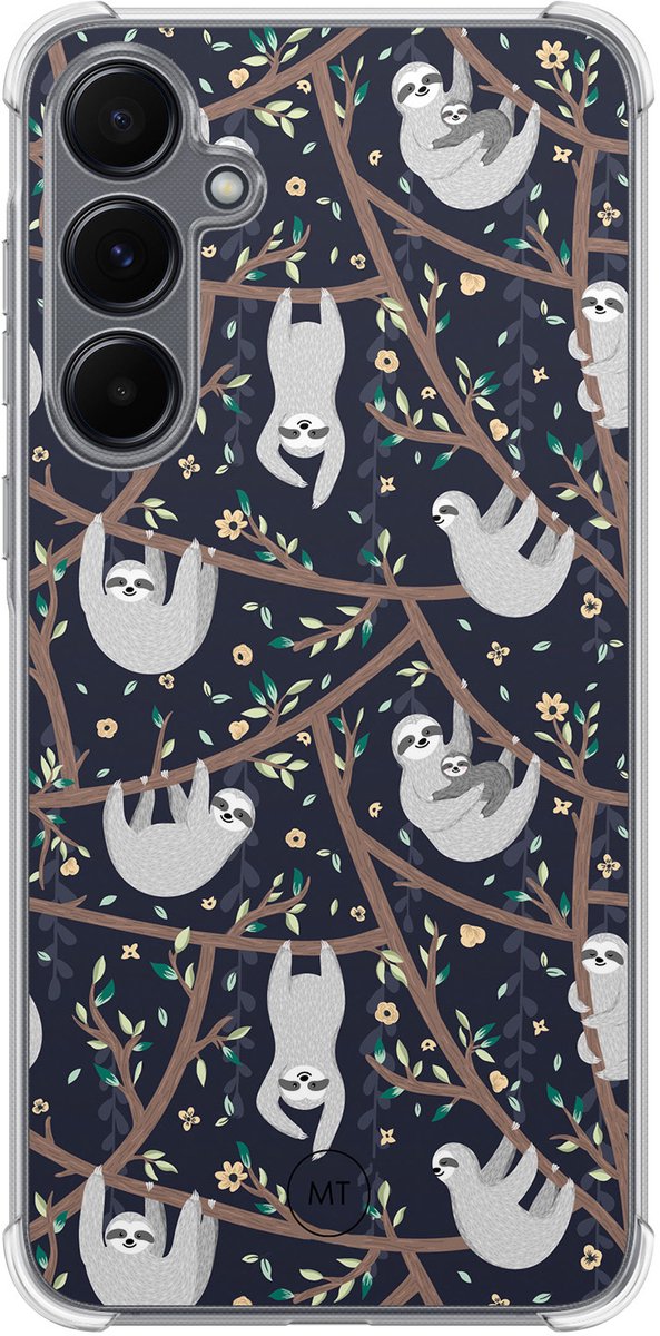 Hoesje (shockproof) geschikt voor Samsung Galaxy A55 - Luiaard print - Extra sterke case - TPU/polycarbonaat - Print - Blauw, Transparant