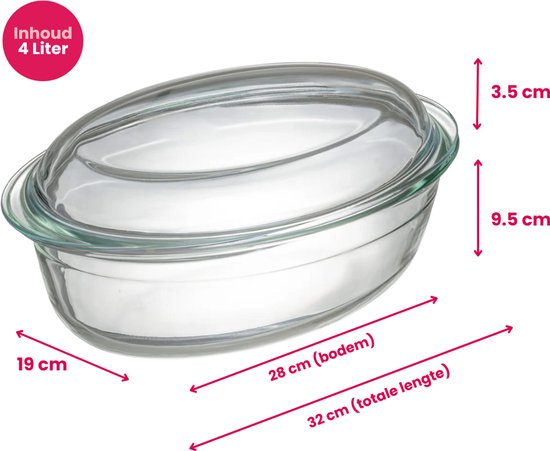 Ovale ovenschaal van gehard glas, ovenschaal van gehard glas met glazen deksel. Oven, vriezer en vaatwasmachinebestendig - 5 liter