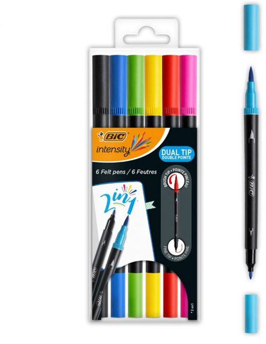 BIC Intensity Dual Tip - Viltstiften - Stiften voor Volwassenen - Kleurstiften met Verstelbare Borstelpunt en Dunne Viltstift - 6 stuks