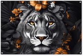 Tuinposter 120x80 cm - Tuindecoratie Tijger - Zwart wit - Goud - Bloemen - Botanisch - Poster voor in de tuin - Buiten decoratie - Schutting tuinschilderij - Tuindoek muurdecoratie - Wanddecoratie balkondoek