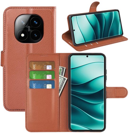 Étui portefeuille en similicuir MobyDefend Xiaomi Redmi Note 14 Pro Plus (fermeture avant) - Marron - Compatible avec : Xiaomi Redmi Note 14 Pro Plus
