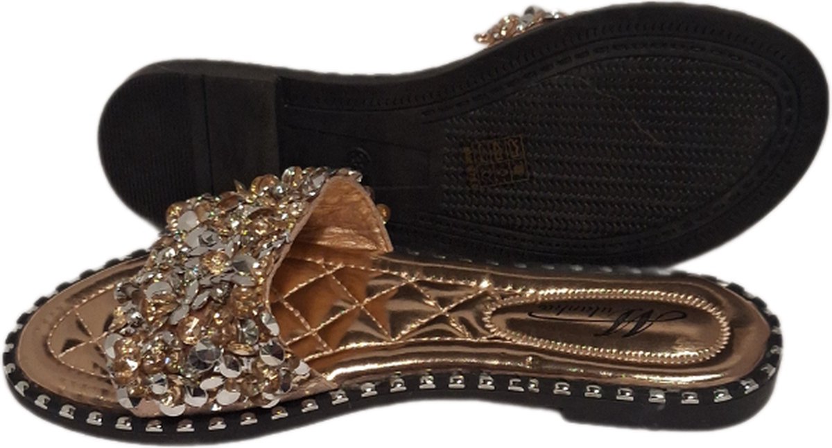 MULANKA -LUXE SLIPPER MET STRASS-ROSEGOLD- LUXE VOETBED STUDS LANGS ZOOLRAND-39