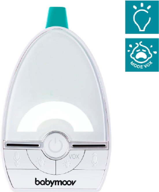 Witte babymoov babyfoon met turquoise top, met VOX modus en lichtindicator.