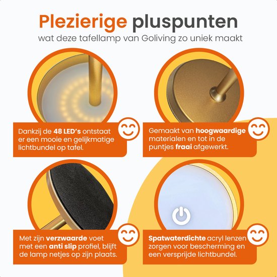 Goliving Lampe de Table Rechargeable – Sans Fil et dimmable – Lampe Tactile Moderne – Lampe de Nuit Chambre – 38 cm – Or