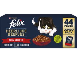 Felix Heerlijke Reepjes Farm Selectie - Kattenvoer natvoer - Rund, Kip, Eend, Kalkoen - 44 x 80g