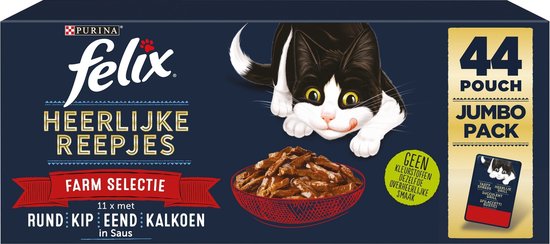 Felix Heerlijke Reepjes Farm Selectie - Kattenvoer natvoer - Rund, Kip, Eend, Kalkoen - 44 x 80g