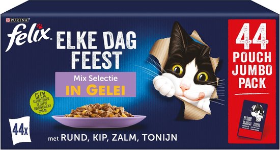 Felix Elke Dag Feest in Gelei Mix Selectie - Kattenvoer Natvoer - Tonijn Zalm Rund & Kip- 44 x 85 g