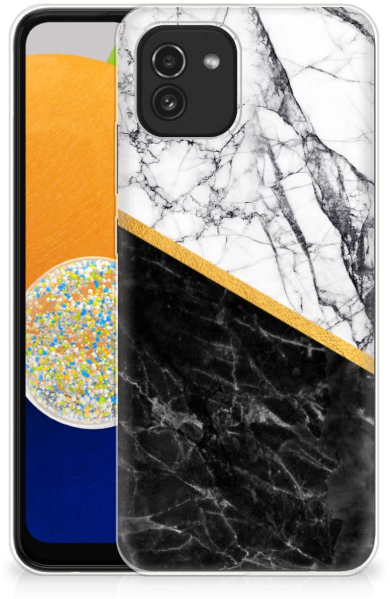 Samsung Galaxy A03 TPU Siliconen Hoesje Marmer Wit Zwart - Origineel Cadeau Man