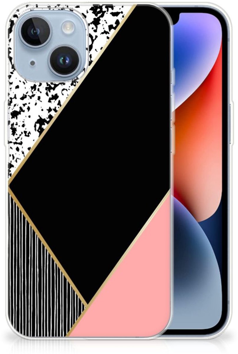 Apple iPhone 14 TPU Hoesje Zwart Roze Vormen