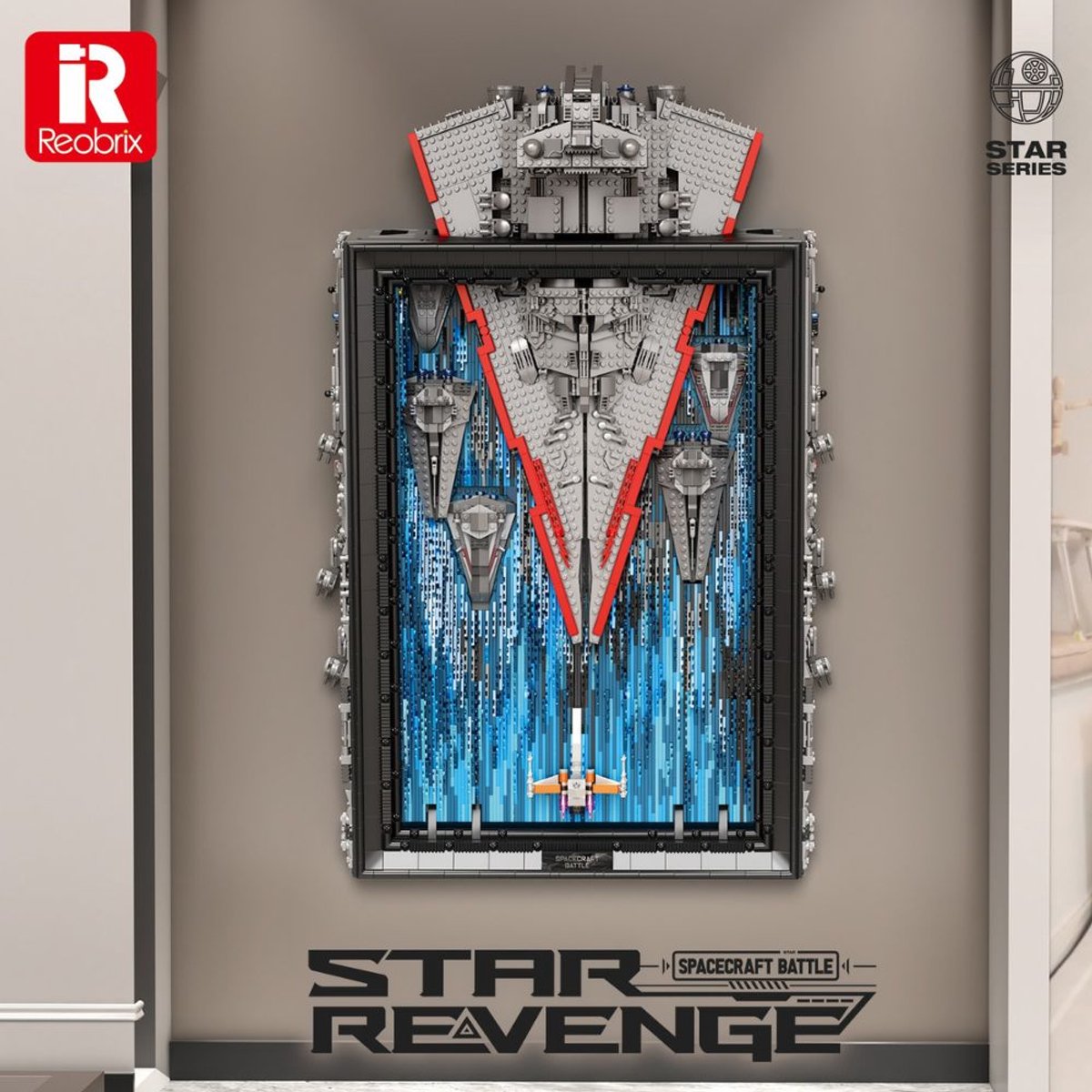 Reobrix 99007 Millennium Star Wall art bouwset | Space wars constructie modelbouw | Educatief ruimte militair & leger speelgoed bouwpakketten voor kinderen & volwassenen | DIY Wanddecoratie schilderij geschikt voor Lego | Bouwdoos met 5964 bouwstenen — afbeelding 2