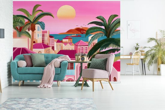 Behang - Fotobehang Stad - Roze - Palmbomen - Breedte 320 cm x hoogte 240 cm