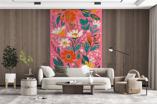 Behang - Fotobehang Roze - Bloemen - Wit - Oranje - Breedte 170 cm x hoogte 260 cm