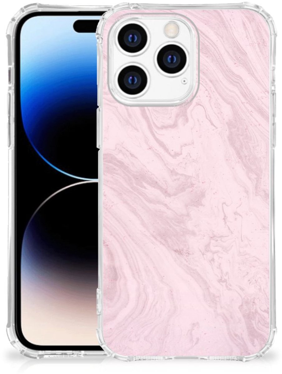 Apple iPhone 14 Pro Max Anti-Shock Hoesje Marble Pink - Origineel Cadeau Vriendin