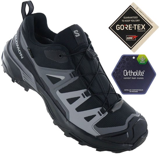 Zwarte Salomon X Ultra 360 GTX wandelschoen met grijze accenten, met GORE-TEX en OrthoLite labels.