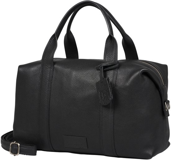 Zwarte Burkely bowler tas van leer, van de zijkant gezien, met handvatten en schouderband.