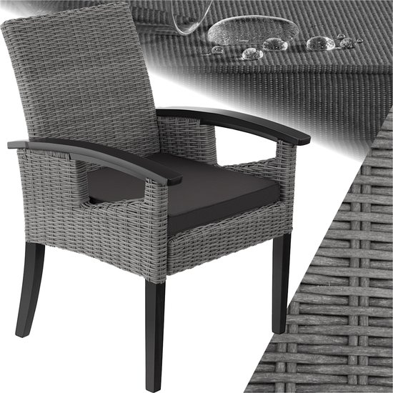 tectake® Wicker stoel met armleuningen - Modern en weerbestendig - Tuinmeubilair - Voor tuin, terras en balkon - Tuinstoel - Fauteuil - Balkonmeubilair - Tuinmeubelen - Tuinstoelen - Draagkracht 150 kg - Grijs