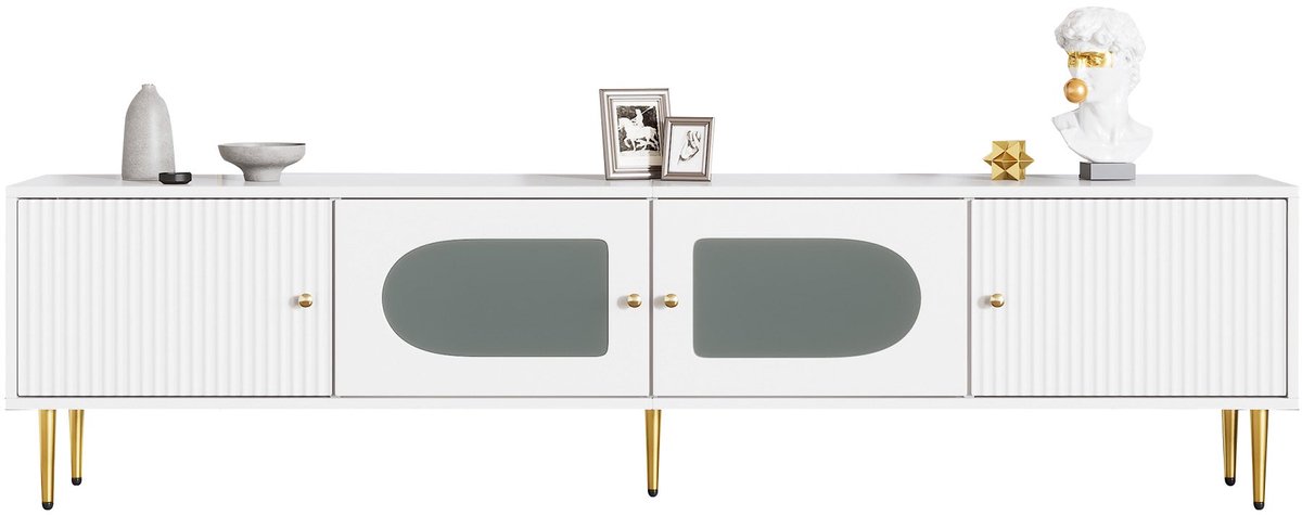 Merax Elegant TV-Meubel 170x35x50 cm – Wit met Gouden Poten en Handgrepen - 2 Deuren met Verticaal Rillenontwerp - 2 Deuren met Boogvormig Glas - 35KG Draagvermogen – Modern TV-meubel met Kabelmanagement