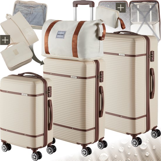 tectake® Luggage Set - Set de voyage 13 pièces - Valises - Ensemble de valises - Ensemble de bagages avec valise à main, valise à bagages en soute grande, sac de voyage, trousse de toilette, sac d’accessoires - Chariot avec serrure TSA - Crème
