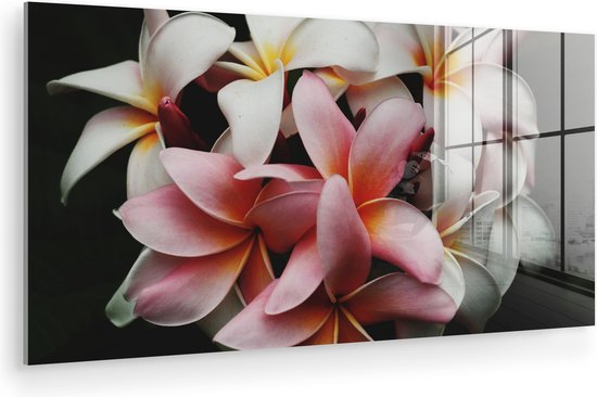 Glazen schilderij met roze en witte plumeria bloemen tegen een donkere achtergrond, zij-aanzicht.
