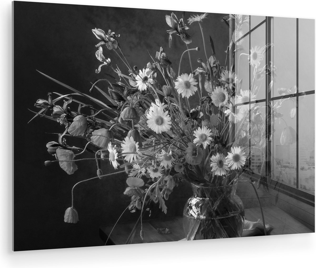 MuchoWow® Glasschilderij 30x20 cm - Schilderij acrylglas - Boeket - Bloemen - Olieverf - Stilleven - Zwart - Wit - Foto op glas - Muurdecoratie woonkamer - Wanddecoratie slaapkamer - Schilderijen