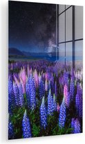 MuchoWow® Glasschilderij 80x120 cm - Schilderij acrylglas - Bloemen - Nacht - Lupine - Sterrenhemel - Paars - Natuur - Foto op glas - Muurdecoratie woonkamer - Wanddecoratie slaapkamer - Schilderijen