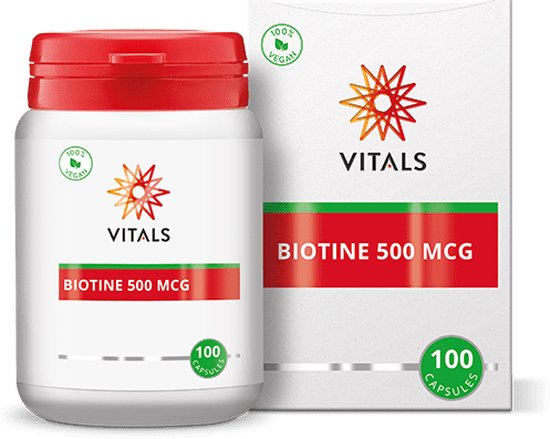 Vitals Biotine 500 mcg verpakking en doosje met 100 vegetarische capsules. Rode dop.