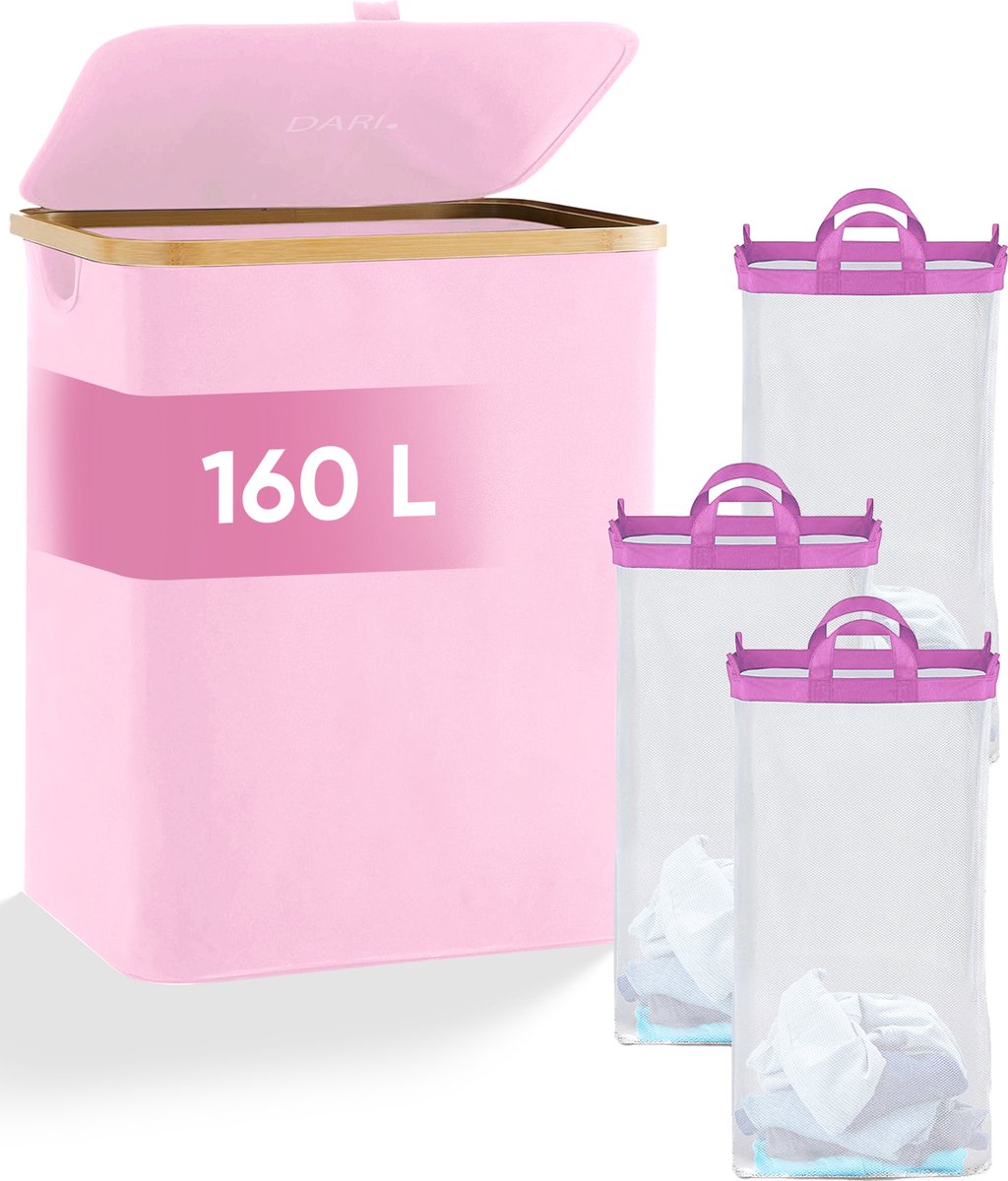 DARI. - Wasmand 3 vakken - Wassorteerder - 160L - met 3 uitneembare zakken - wasmand - roze - knopen