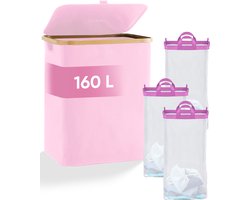DARI. - Wasmand 3 vakken - Wassorteerder - 160L - met 3 uitneembare zakken - wasmand - roze - knopen