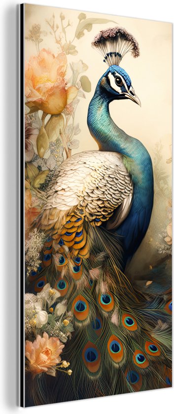 Aluminium schilderij 80x160 cm - Wanddecoratie metaal - Pauw - Pauwenveren - Bloemen - Vogels - Botanisch - Metalen muurdecoratie woonkamer - Decoratie industrieel - Foto op dibond - Industriële accessoires slaapkamer