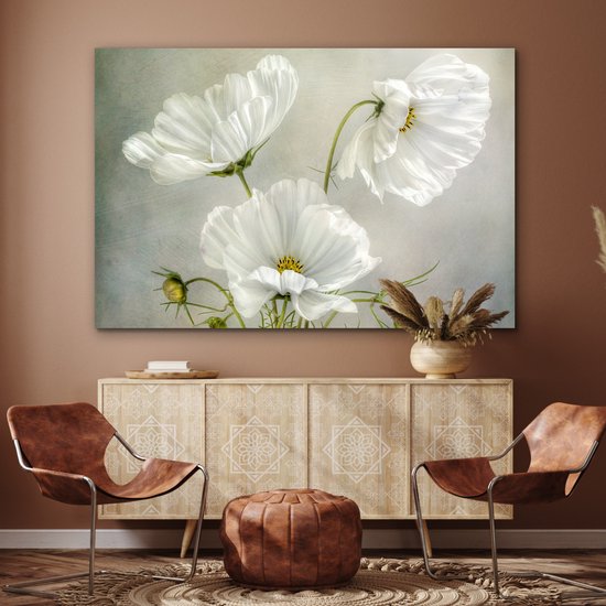 Aluminium schilderij 180x120 cm - Wanddecoratie metaal - Bloemen - Stilleven - Klaproos - Wit - Botanisch - Metalen muurdecoratie woonkamer - Decoratie industrieel - Foto op dibond - Industriële accessoires slaapkamer