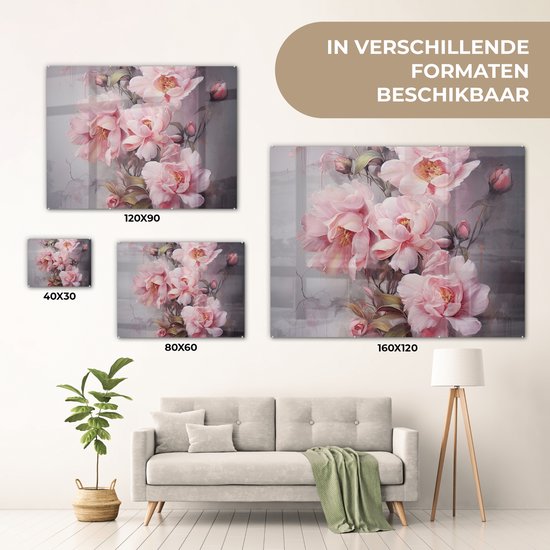 MuchoWow® Glasschilderij 40x30 cm - Schilderij acrylglas - Rozen - Bloemen - Roze - Kunst - Watercolor - Foto op glas - Muurdecoratie woonkamer - Wanddecoratie slaapkamer - Schilderijen