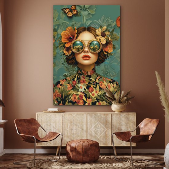 Tableau aluminium 100x150 cm - Décoration murale métal - Femme - Fleurs - Papillons - Nature - Vintage - Décoration murale métal salon - Décoration industrielle - Photo sur dibond - Accessoires industriels chambre