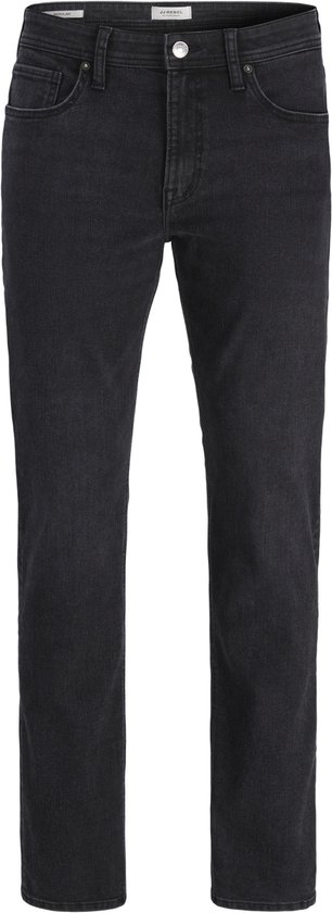 Zwarte jeans met steekzakken en knoopsluiting, zwevend op een zwarte achtergrond.