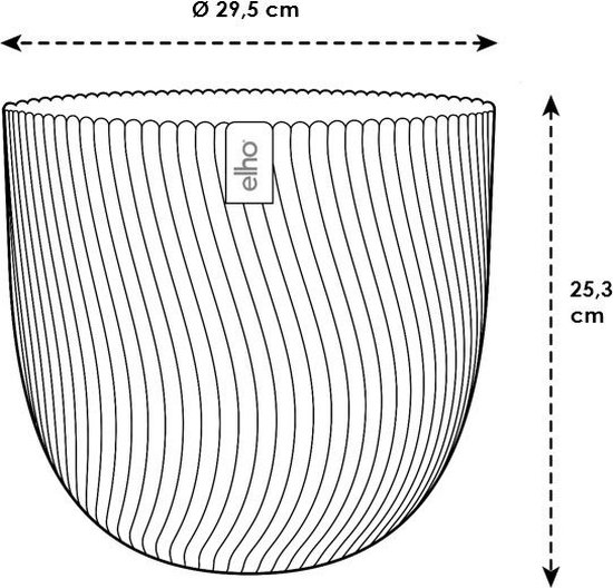 Line drawing van een licht gebogen pot, Ø 29,5 cm, H 25,3 cm, met verticale ribbels.