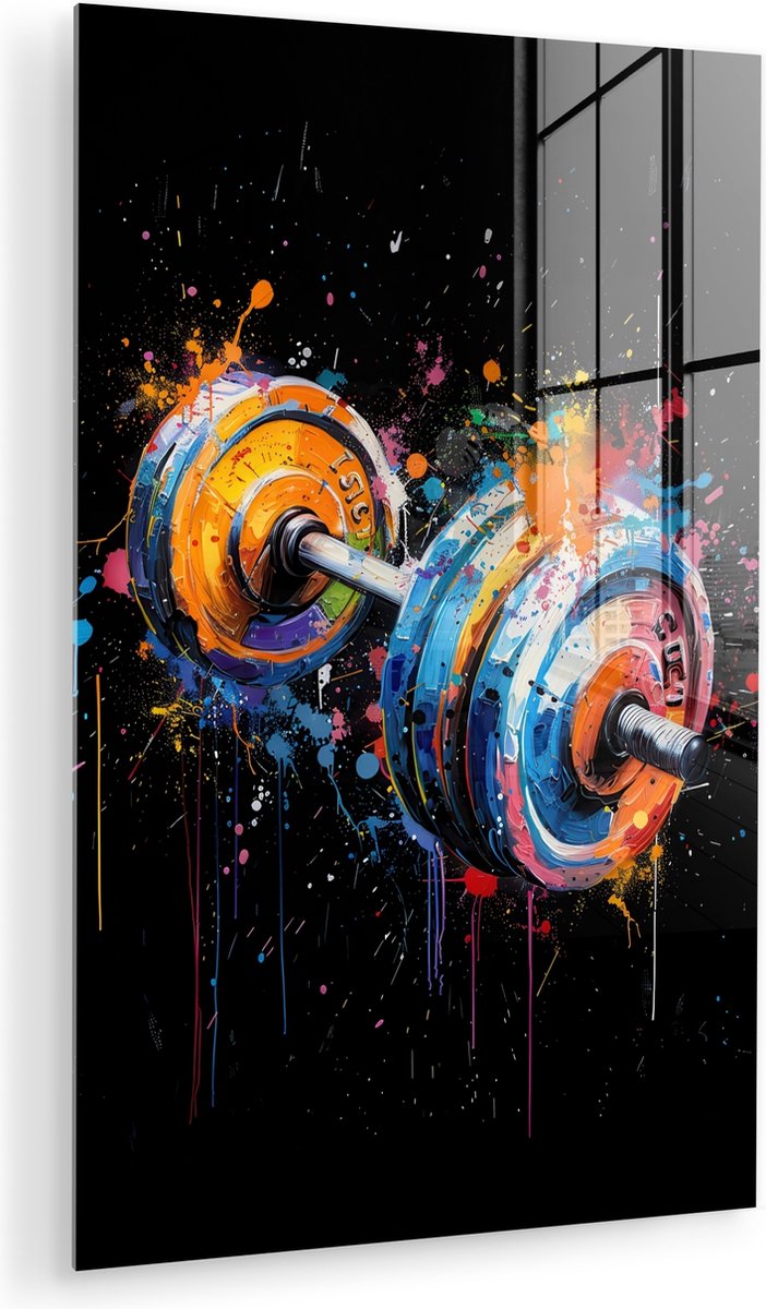 MuchoWow® Glasschilderij 20x30 cm - Schilderij acrylglas - Graffiti - Sport - Fitness - Dumbbell - Gym - Foto op glas - Muurdecoratie woonkamer - Wanddecoratie slaapkamer - Schilderijen