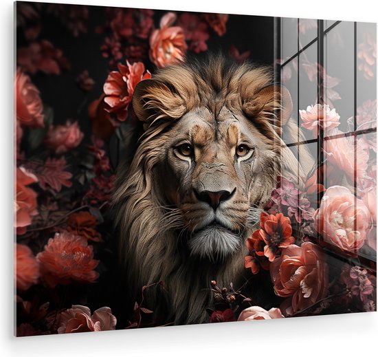 MuchoWow® Glasschilderij 120x90 cm - Schilderij acrylglas - Leeuw - Dier - Natuur - Botanisch - Bloemen - Roze - Foto op glas - Muurdecoratie woonkamer - Wanddecoratie slaapkamer - Schilderijen
