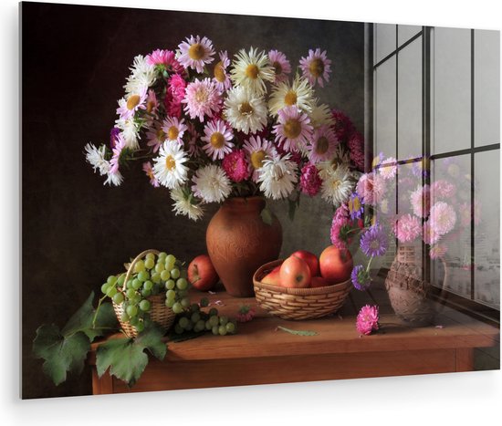 MuchoWow® Peinture sur verre 60x40 cm - Peinture sur verre acrylique - Fleurs - Fruits - Nature morte - Rose - Photo sur verre - Décoration murale salon - Décoration murale chambre - Peintures