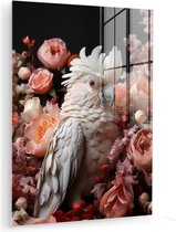 MuchoWow® Peinture sur verre 60x80 cm - Peinture sur verre - Cacatoès - Animal - Nature - Botanique - Fleurs - Rose - Photo sur verre acrylique - Peintures