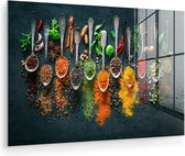 MuchoWow® Peinture sur verre 120x80 cm - Peinture sur verre acrylique - Cuillères - Herbes - Coloré - Épices - Photo sur verre - Décoration murale salon - Décoration murale chambre - Peintures