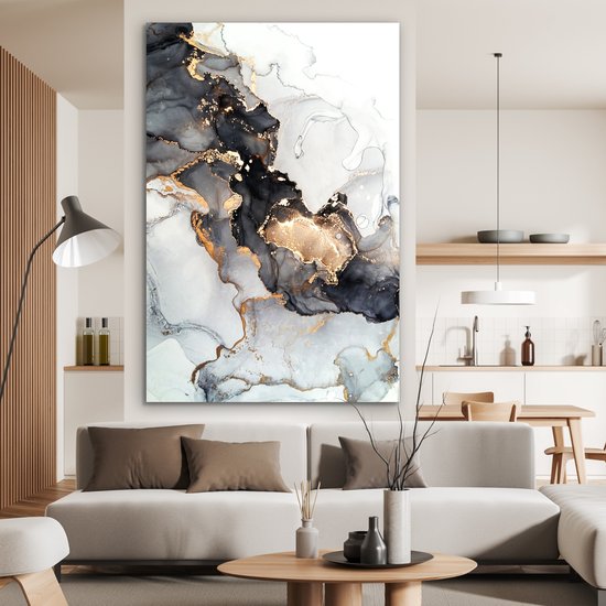 Décoration murale Métal - Aluminium Peinture - Marbre - Zwart - Wit - Or - 100x150 cm