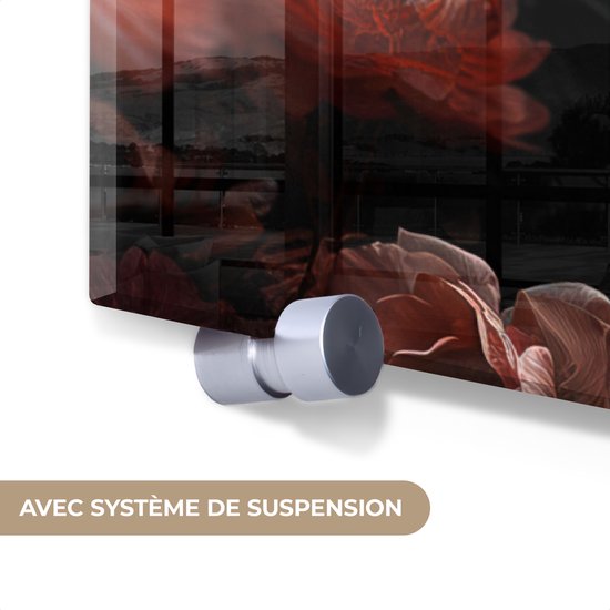 MuchoWow® Glasschilderij 120x90 cm - Schilderij acrylglas - Leeuw - Dier - Natuur - Botanisch - Bloemen - Roze - Foto op glas - Muurdecoratie woonkamer - Wanddecoratie slaapkamer - Schilderijen