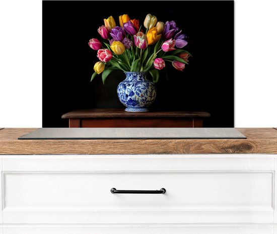 Crédence de Cuisinière en Aluminium 60x40 cm - Tulipes - Couleurs - Vase - Écran Pare-éclaboussures pour Plaque de Cuisson - Protection Murale