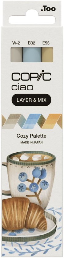 Palette Copic Ciao « LAYER & MIX » Cozy, 3 pièces, beige, bleu clair, gris chaud, pointe biseautée/pinceau, ronde, encre à base d'alcool, adulte/enfant